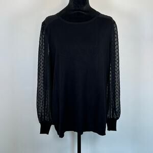 Adrianna Papell Black Lightweight Sweater, Sheer Sleeves, Swiss Dot design, Sz M